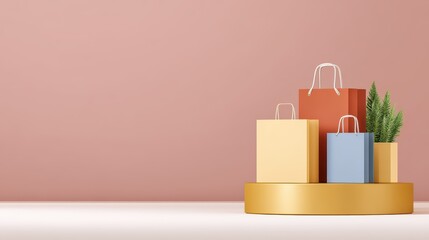 Colorful Shopping Bags on a Display Stand with a Soft Pink Background and Decorative Plant Accents