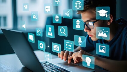 AI Artificial Intelligence technology for education. Modern digital learning, courses for developing new skills and e-learning. Man learning lessons and online seminars on laptop.