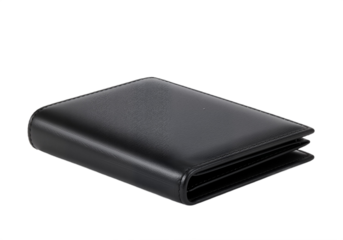 Sleek Black Leather Wallet with Polished Edges Against White Background, Symbolizing Elegance, Craftsmanship, and Professional Sophistication.