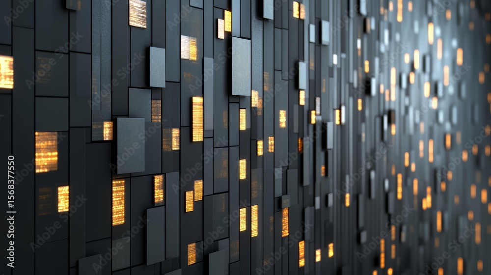 Poster Wall made up of black squares with yellow squares in the middle. The squares are lit up, creating a striking contrast between the dark background and the bright, glowing squares