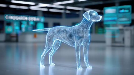 Futuristic Digital Representation of a Dog in an Urban Environment with Neon Accents and Modern Aesthetic