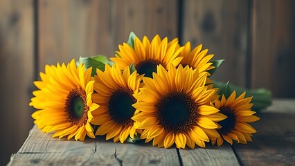 Sunflower bouquet on a rustic wooden surface, glowing with warm golden tones.