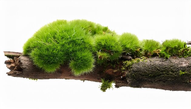 fresh vibrant green moss growing on a decaying branch with natural soil detail isolated in high resolution cutout with white background for versatile nature design use