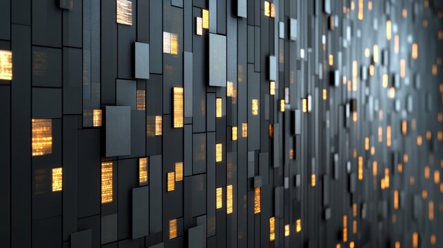 Wall made up of black squares with yellow squares in the middle. The squares are lit up, creating a striking contrast between the dark background and the bright, glowing squares