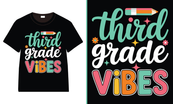 Third Grade Vibes Back to School T-Shirt Design, Back to School Cartoon Illustration &ndash; Happy Kids, Books, and School Supplies Vector