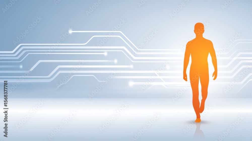 Poster abstract representation of human figure walking through a digital environment with circuit patterns 