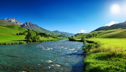 serene river flows through lush green landscape surrounded by rolling hills and mountains clear blue sky scene evokes tranquility and natural