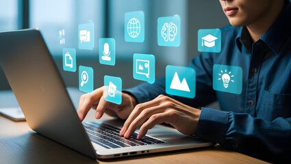 AI Artificial Intelligence technology for education. Modern digital learning, courses for developing new skills and e-learning. Man learning lessons and online seminars on laptop.