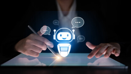 AI chatbot virtual assistant interacting with users through AI conversation bubbles, symbolizing AI...