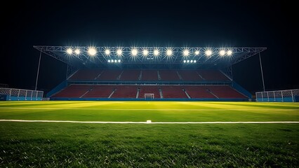 Nighttime football field illuminated by glowing stadium lights, viewed from a dramatic low angle.