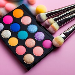 A makeup palette mockup with vibrant colors, resting on a glossy table with some makeup brushes beside it