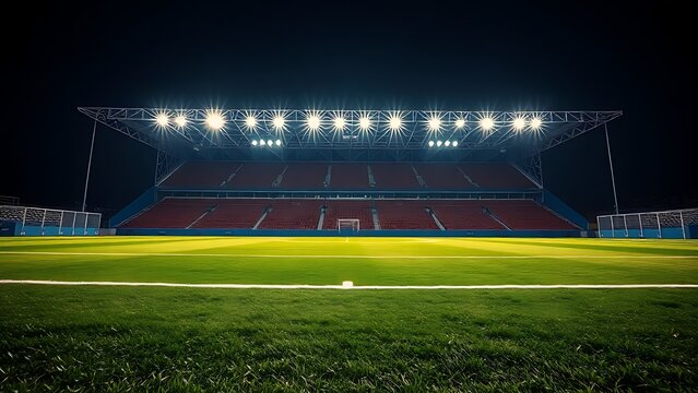 Nighttime football field illuminated by glowing stadium lights, viewed from a dramatic low angle.