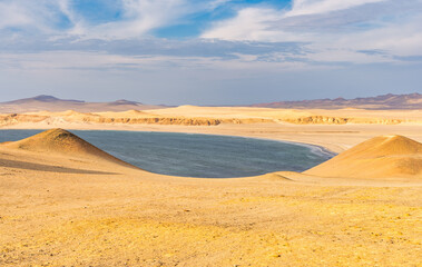 View of the arid desert landscape meeting the deep blue Pacific Ocean at Paracas National Reserve in Peru.