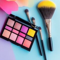 A makeup palette mockup with vibrant colors, resting on a glossy table with some makeup brushes beside it
