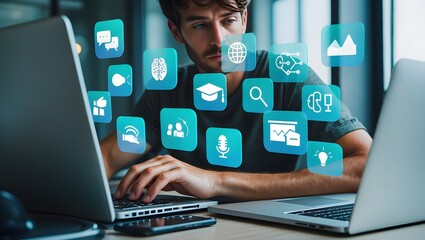 AI Artificial Intelligence technology for education. Modern digital learning, courses for developing new skills and e-learning. Man learning lessons and online seminars on laptop.