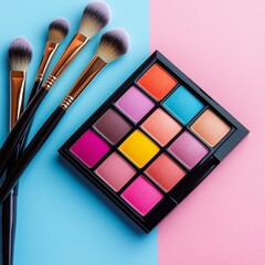 A makeup palette mockup with vibrant colors, resting on a glossy table with some makeup brushes beside it