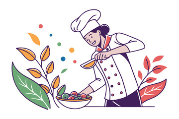 Chef Preparing a Dish: A cheerful female chef in a pristine white uniform skillfully prepares a vibrant and colorful dish in a bowl. The illustration features autumnal leaves and colorful dots.