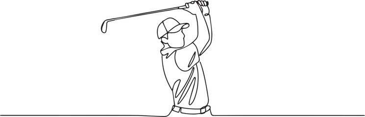 Obraz premium continuous line drawing of a golfer in mid-swing with golf club raised high showing dynamic motion in black and white style
