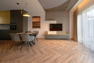 Modern luxury apartment interior in minimal scandinavian style, 3d rendering