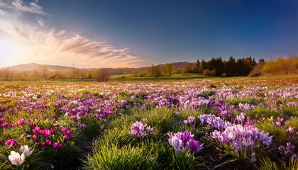 Fototapeta premium field filled with blooming flowers in the spring season