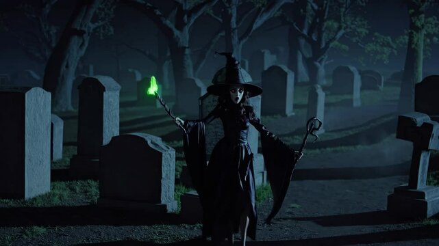 Halloween malefic witch laughing and putting an evil spell on people on halloween day of the dead