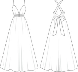 Back bow dress sketch, A-line maxi dress illustration, cross strap gown template, belted fashion flat, evening dress vector, elegant design drawing