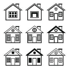 Simple house icons with varied windows and chimneys