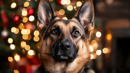 German shepherd with bokeh background and holiday lights