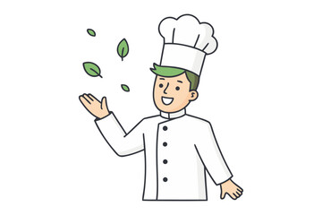 Chef's culinary grace: A chef, garbed in a pristine white uniform and chef's hat, displays culinary skill by tossing fresh herbs in the air, capturing a moment of finesse and culinary artistry.
