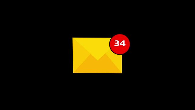 Animation of a yellow envelope icon representing mail with a loop animation and alpha channel.Yellow Message Icon Animation Featuring SMS, Mail, Email, and Gmail.