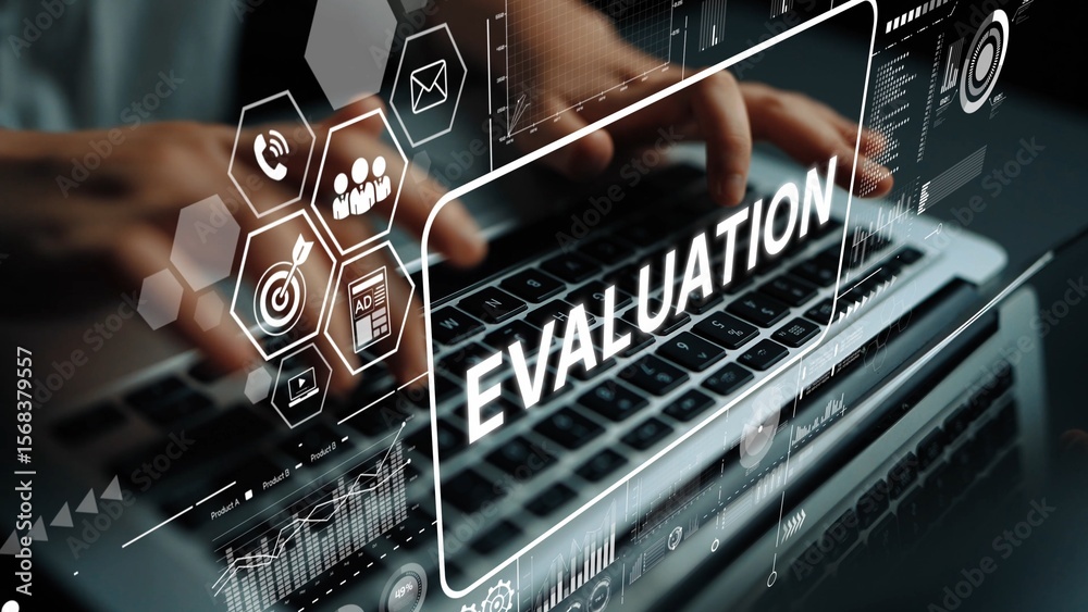 Poster hands on laptop with digital interface showing evaluation process in modern business environment. as