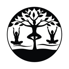 Yoga tree pose with lotus and meditation people silhouette vector illustration
