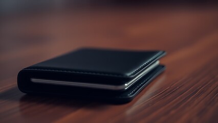 A sleek wallet lies on a wooden surface, highlighted by warm ambient lighting in a minimalist setting.