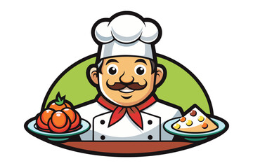 Culinary Artist: The illustrated image presents a smiling chef with a distinguished mustache, proudly holding plates of delectable food against a fresh, colorful backdrop.