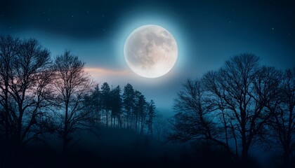 mysterious ethereal glow illuminates the midnight hour casting an enchanting spell on a dark moonlit landscape silhouetted trees and a hazy sky create a scene of serene darkness forest serene