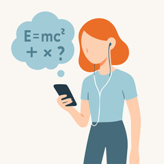 Modern Flat Design Girl with Smartphone Thinking About Science Problem Illustration