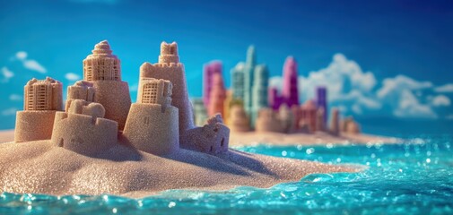 Intricate sandcastles on a vibrant beach during a sunny summer vacation Generative AI