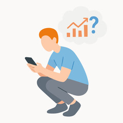 Flat Illustration Man Squatting Looking at Phone with Stock Market Growth Idea