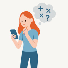 Flat Illustration of a Woman Holding a Phone with Math Symbols Thinking Concept
