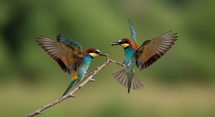 Two Colorful Bee-eaters Sharing Food on a Branch Against Green Background