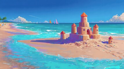 Creative sandcastles built on a sunny beach during summer vacation Generative AI