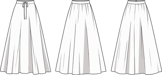 Long flowy skirts technical sketch, women’s fashion flat drawing, stylish pleated skirt design, waistband detail illustration, garment template for clothing designers and brands