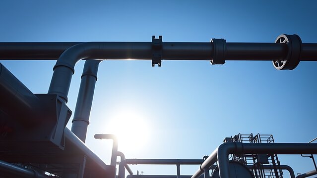 An abstract composition of industrial pipelines under a blue sky, bathed in morning light.