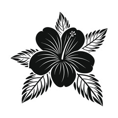 Obraz premium Hibiscus Flower Silhouette — Minimal Black Vector with Wide Petals and Tropical Leaves