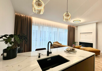 Modern luxury kitchen interior in minimal scandinavian style, 3d render
