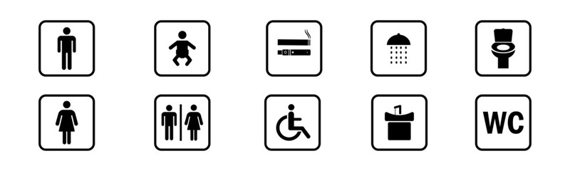 Restroom vector icon. Signage representing various facilities available in a public space, including restrooms and family-friendly options