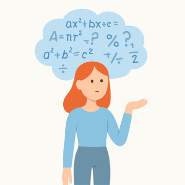 Cartoon Style Girl Confused Thinking of Math Equations and Formulas