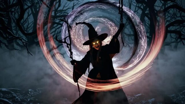 Halloween malefic witch laughing and putting an evil spell on people on halloween day of the dead