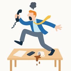 Flat Illustration Frustrated Businessman Jumping on Desk at Workplace