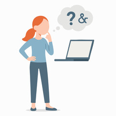 Flat Woman Thinking with Question and Ampersand Symbols Cloud Icon